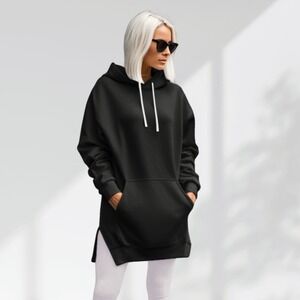 The Warmy Oversized Black Fleece Lined Hoodie with Side Slits Pullover